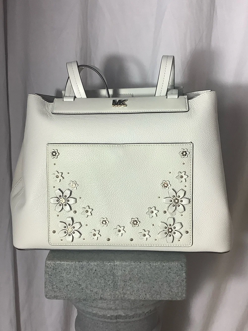 Michael Kors White Floral Cutout Leather Tote with Gold Logo